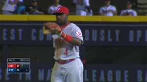 Brandon Phillips makes a great sliding stop on a sharp grounder to the right side and fires to retire B.J. Upton at first base.