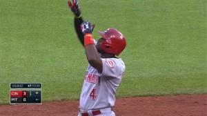 The Reds second baseman entertains fans at spring training with his behind-the-back flips to second. Now he's even bouncing the ball behind his back. 