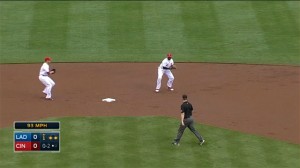 Brandon Phillips flips to Zack Cozart at second to start an inning-ending 4-6-3 double play versus the Dodgers.
