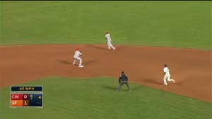Brandon Phillips makes a nice backhanded grab and flips to second base to initiate the 4-6-3 double play.