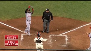 Brandon Phillips belts a go-ahead, two-run home run to left-center field, giving the Reds a 2-1 lead in the top of the 9th inning.