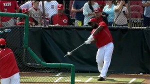 Brandon Phillips takes batting practice on the field for the first time since having surgery on his left thumb.