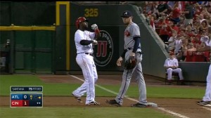 Brandon Phillips laces a single to left-center field to plate Mike Leake, opening the scoring for the Reds in the 6th inning.