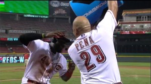 While discussing his clutch game vs. the Braves, Brandon Phillips gets an invisible Gatorade bath.