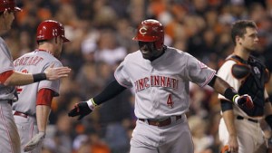Brandon Phillips hits a single to center field to knock in Billy Hamilton with the game's first run in the 6th inning.