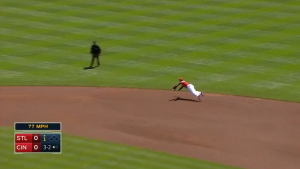 Brandon Phillips makes a great diving stop on a grounder off the bat of Jason Heyward and fires to first for the out.