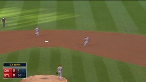 Brandon Phillips barehands Kolten Wong's high chopper and throws to first base for the out in the bottom of the 1st inning.