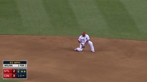 With runners on the corners, Brandon Phillips starts a 4-6-3 double play to end the top of the 6th inning